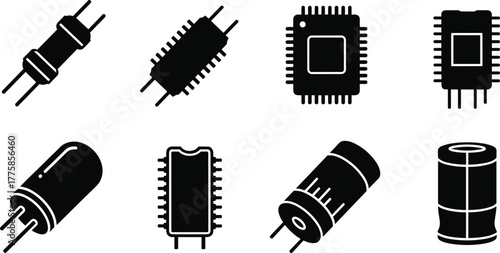 Electronic component icons, resistor, capacitor, microchip, integrated circuit, DIP package, coil inductor, schematic symbols, black and white illustration