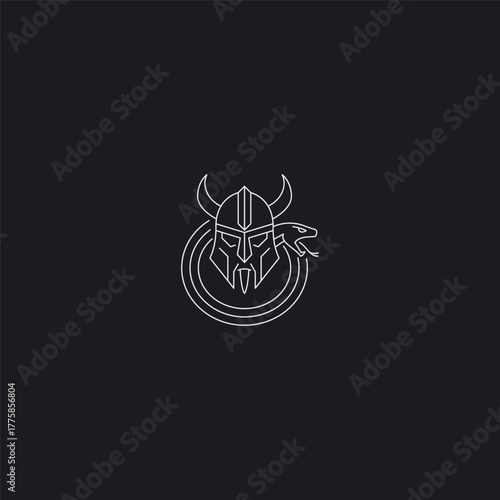 Helm and serpent line art wisdom and protection fusion logo design.