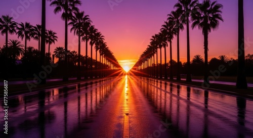 Vibrant sunset over a palm tree lined street reflecting in wet pavement