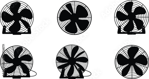 Electric table fan silhouette collection, black and white vector illustration of cooling fans, household appliance design, ventilation equipment