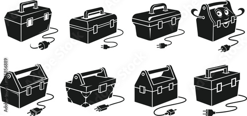 Electric toolbox collection, black and white power tool box illustration, electrician equipment vector set, workshop repair storage design, industrial hardware art