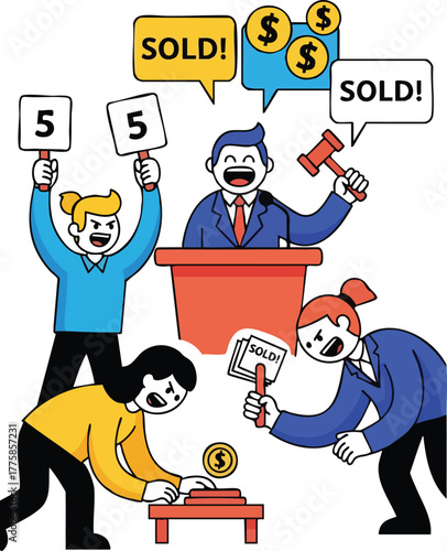 Auctioneer With Gavel And Bidders Holding Signs Raised Excitedly During Sale Event