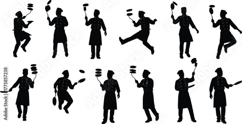 Chef flipping pancakes silhouette, cooking action, kitchen skill, black vector illustration, culinary motion, breakfast fun, frying pan toss, food art