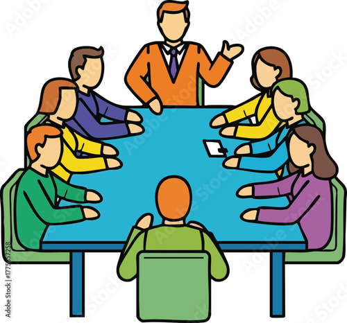 Business Meeting Around Blue Table With Diverse Professionals Discussing Ideas And Strategies