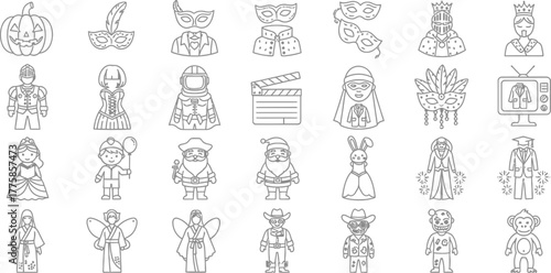 Assorted costume icon set in transparent background with pumpkin, TV, clown, fairy