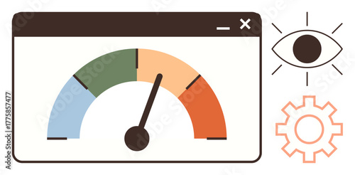 Colorful speedometer in a browser window, eye for monitoring, and a gear for customization. Ideal for analytics, optimization, performance tracking, monitoring, process improvement, feedback simple