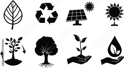 Eco icons set, sustainability symbols, green energy, recycling, solar panel, leaf, nature conservation, environmental protection, renewable resources, clean energy illustration