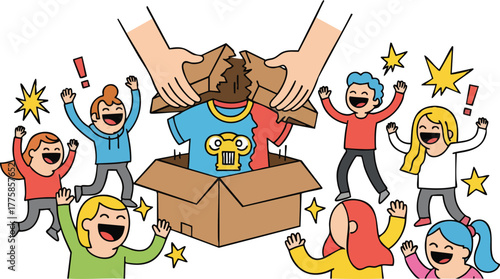 Children Excitedly Unboxing Clothes From A Cardboard Box With Hands Helping Open The Package In A Cheerful Celebration