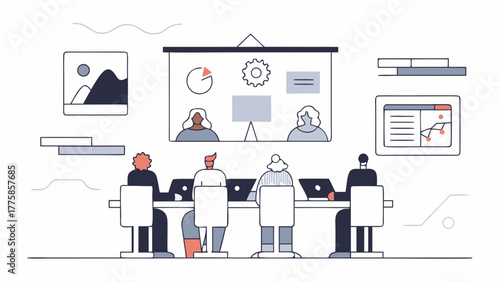 Illustration of a business team in a modern office conference room analyzing data charts during a presentation and video call