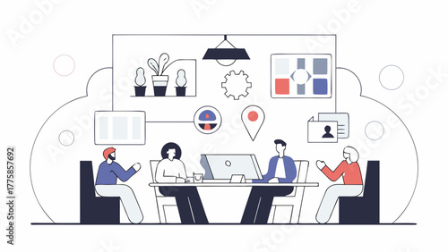 Modern flat vector illustration of a diverse business team in a conference room, collaborating on project strategy and brainstorming ideas