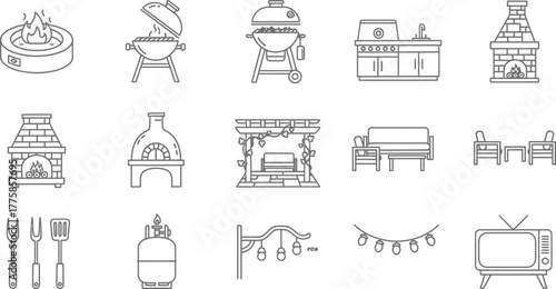 Backyard Outline Icons Fire Pit, Grill, Furniture, Lights, Appliances, TV Set