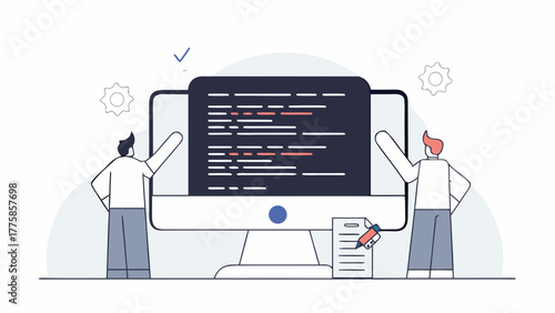 Collaborative software development concept with two programmers writing code together on a large desktop computer screen. Teamwork in web and app creation