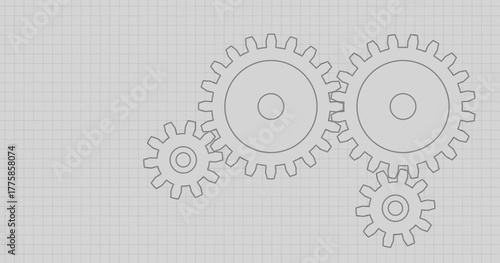 2D Technical Drawing of Cogwheel Mechanism. Engineering, Teamwork, and Process Concept with Copy Space.. 3d
