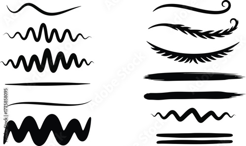 Black Line Art Set on Transparent Background with Swirl, Wave, Floral, Brush Strokes
