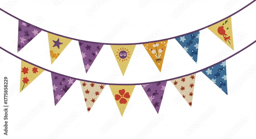 Fototapeta premium Playful patterned bunting flags in bright cheerful colors happily adorn a scene perfect for a birthday or party celebration. AI Generated