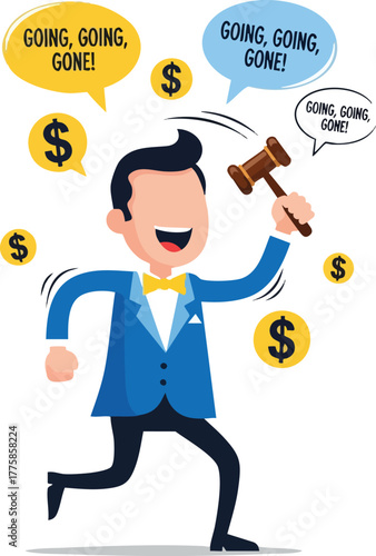Auctioneer in Blue Suit Holds Gavel and Runs Amidst Falling Dollars and Talking Bubbles Announcing Sale