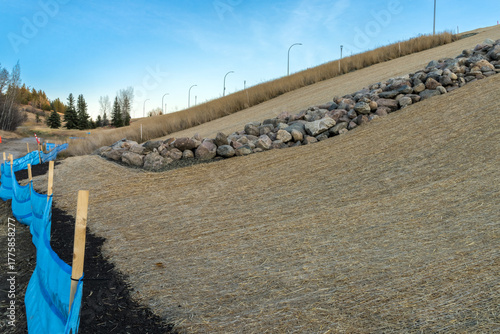 Roadside slope erosion control with single net  blanket installed on ground to protect from weeds and water erosion