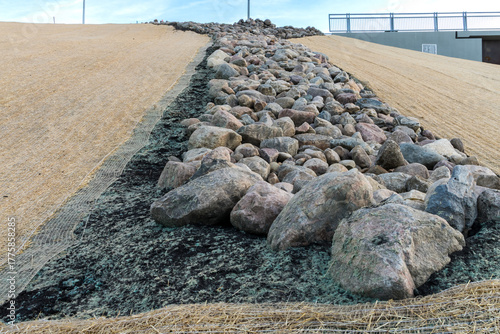 Roadside slope erosion control with single net  blanket installed on ground to protect from weeds and water erosion