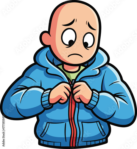 Bald Man In Blue Jacket Zipping Up Front With Sad Expression Simple Background