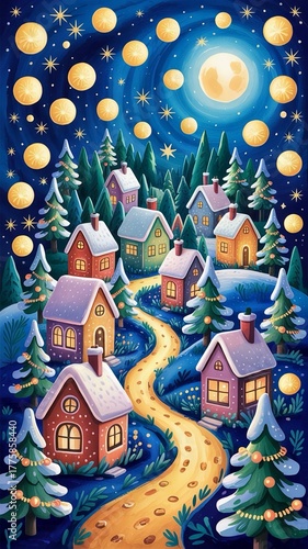 Christmas village with a cluster of charming small houses with warm glowing windows sitting on a hillside