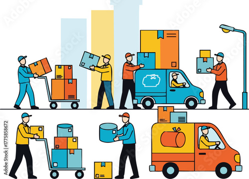 Delivery People Loading Boxes Onto Trucks With Tall Colorful Bars In Background