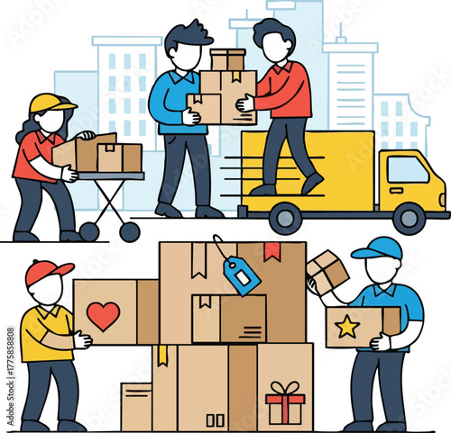 Delivery workers load boxes onto a truck in a city with buildings and a blue sky