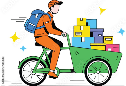 Delivery Person Riding Cargo Bike Laden With Colorful Boxes In A Whimsical Setting With Sparkles