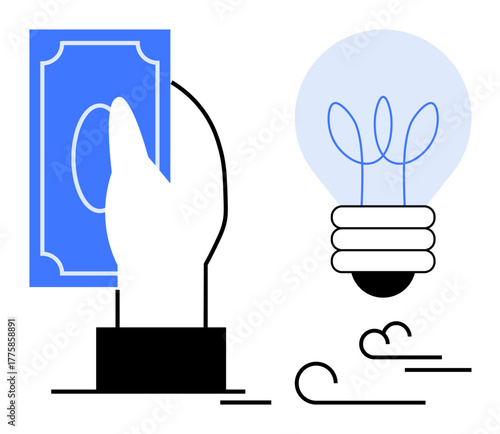 Hand holding cash beside a glowing light bulb symbolizing funding, ideas, and innovation. Ideal for investment, creativity, funding, entrepreneurship, solutions, growth simple flat metaphor