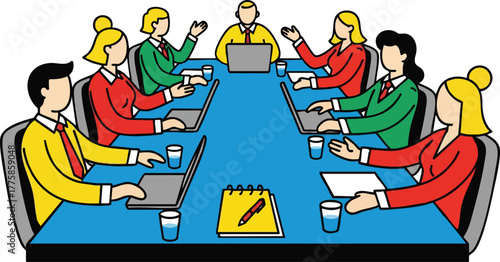 Diverse Business Team in Meeting Room Collaborating Around Blue Table With Laptops and Water Glasses