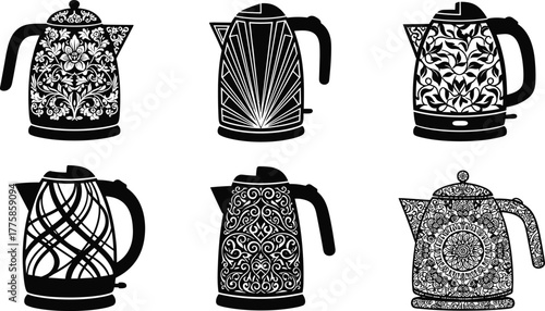 Decorative electric kettle set, floral and geometric pattern teapot silhouettes, stylish black and white vector design for kitchen art illustration