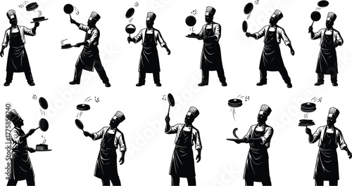Chef cooking silhouette, black and white illustration, culinary action, frying pan toss, kitchen skill, food preparation, restaurant art, vector design