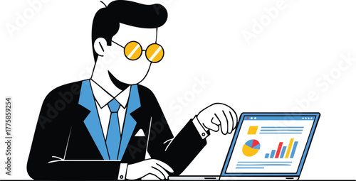 Businessman wearing glasses and suit examines financial charts on a laptop screen in a white background