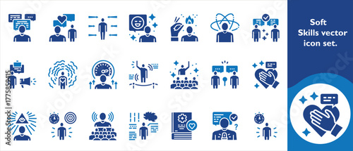 Soft skills vector icon set, strategy, workplace, symbol, solution, achievement, networking, employee, pictogram, honesty, productivity, collaboration, creation, initiative and more