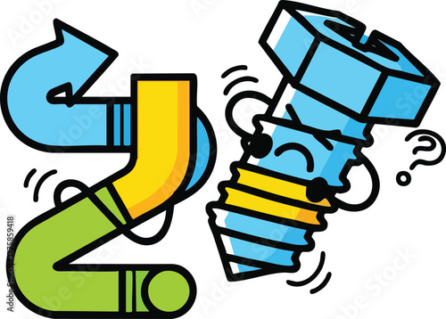 Cartoon Bolt Character Looking Confused With A Question Mark And Abstract Shape