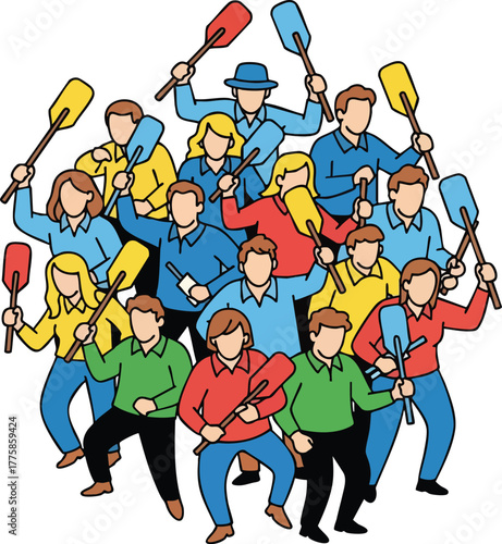 Diverse Group of People Holding Paddles in a Colorful Casual Gathering