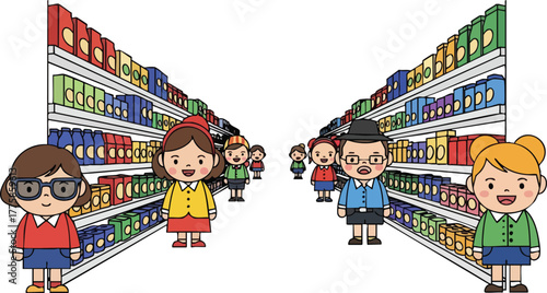 Diverse Group Of People Shopping In Brightly Lit Supermarket Aisle With Colorful Shelves Stocked High With Goods