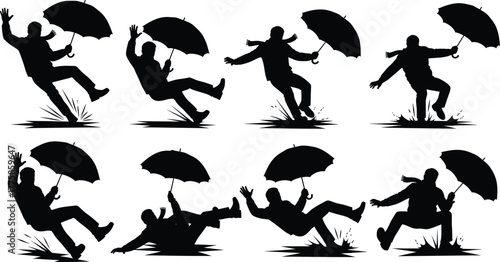 Silhouettes of people slipping on wet surface, holding umbrellas, rainy weather accident, falling poses, caution concept, safety awareness illustration