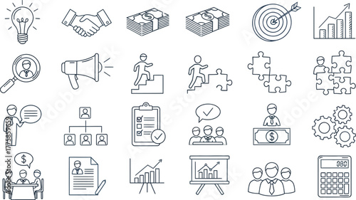 Business Thin Line Icon Set Concept, Teamwork, Goals, Finance and Analysis, Outline Style