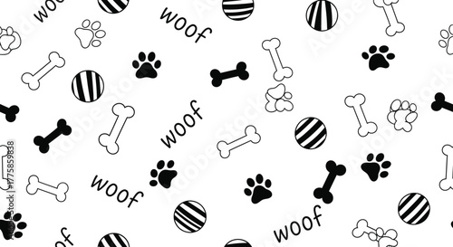 Cartoon Dog Pattern, Bones, Paw Prints, Balls, And Woof On White Background Texture