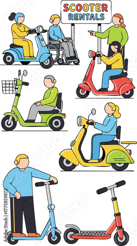 Diverse People Enjoying Mobility Scooters and Electric Scooters in a Rental Service Setting