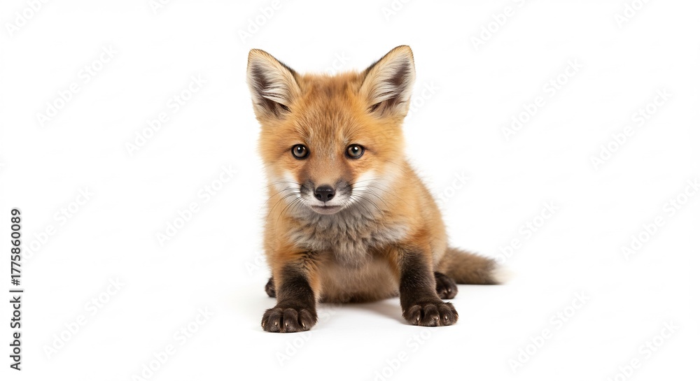 Fototapeta premium Adorable red fox cub stares directly with innocent eyes on a clean white background a captivating portrait. AI Generated
