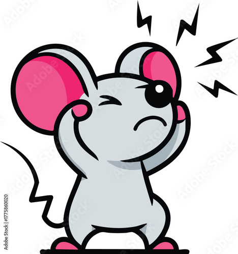 Cartoon mouse with hands on ears looking distressed with lightning bolts above its head