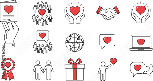 Charity Icons Set Heart in Hand, People, Gift, Globe, Love, and More on White