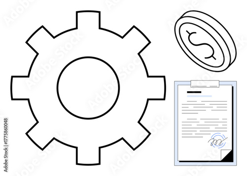Gear, dollar coin, and signed document highlight process efficiency, economic transaction, and agreement. Ideal for business strategy, automation, finance, investment industry collaboration