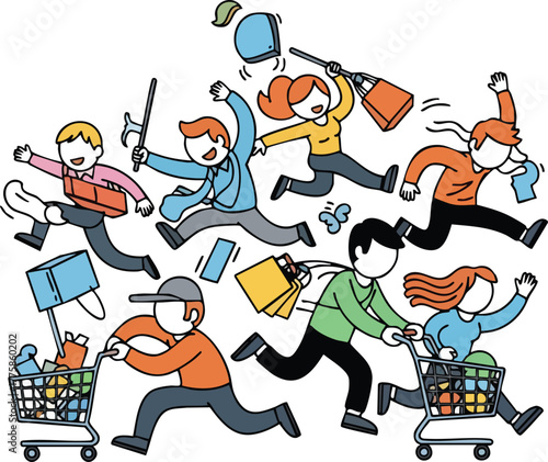 Energetic People Running with Shopping Carts Full of Goods Dynamic Illustration