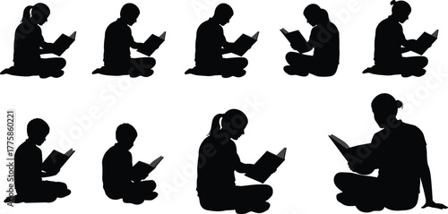 Silhouette of people reading books, cross-legged posture, education concept, learning activity, personal growth, study time, peaceful moment, knowledge