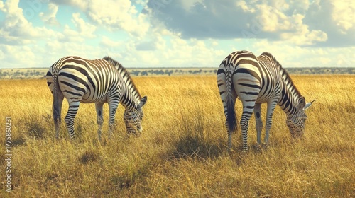 Grazing zebras in the serene african savanna grasslands, wildlife scene