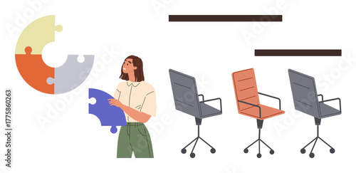 Woman holding puzzle piece to complete circular chart near wheeled office chairs and abstract lines. Ideal for teamwork, collaboration, brainstorming, office organization, productivity, strategy