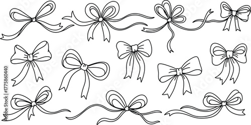 Collection of Bows with Ribbons, Black Outline on Transparent Background, Line Art Style