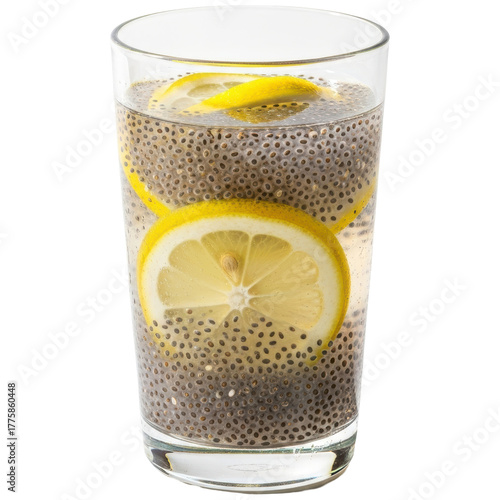 Refreshing chia seed water with fresh lemon slices in a clear glass